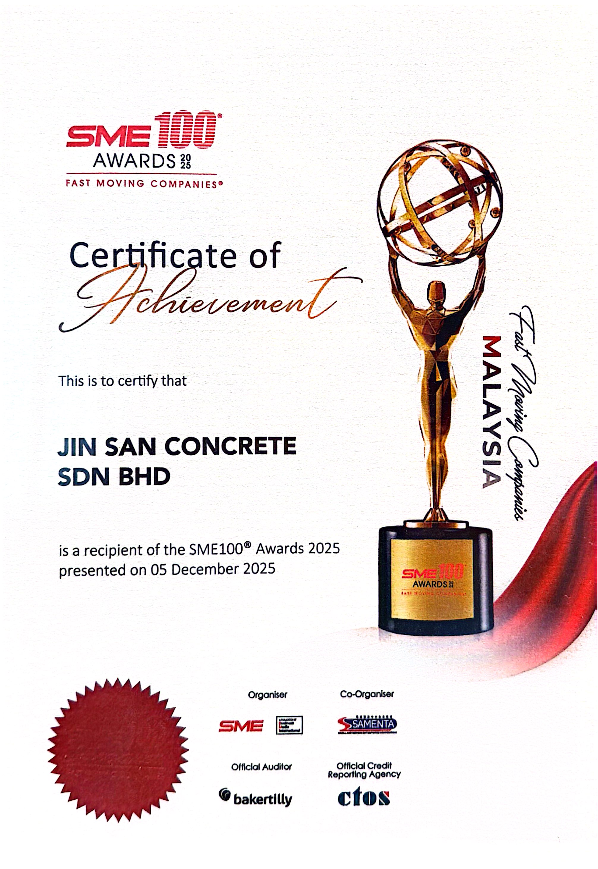 SME100 Award 2025 - Jin San Concrete